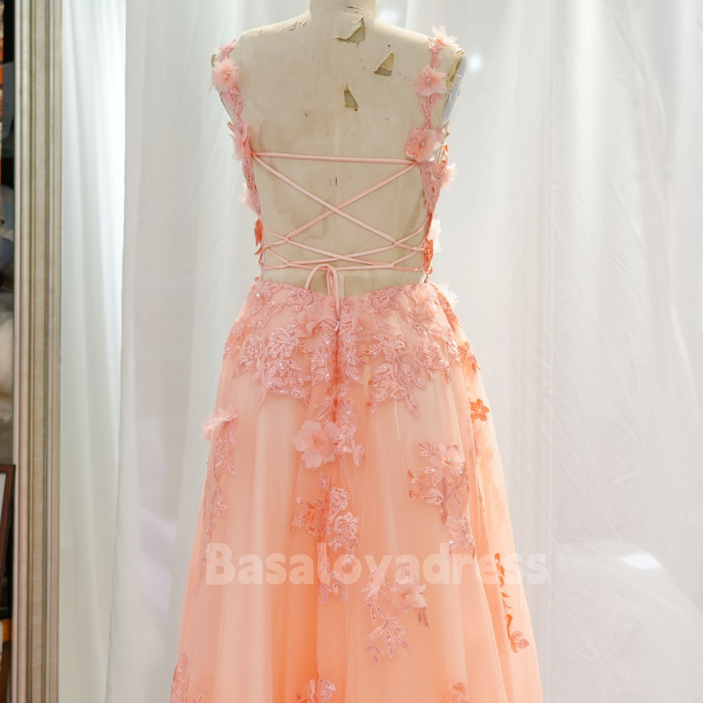 BDES00038 Sparkly A Line V Neck Sequin Lace Applique Prom Dress Long Tulle Bridesmaid Dress with 3D Flowers