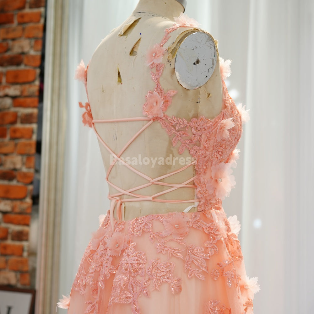 BDES00038 Sparkly A Line V Neck Sequin Lace Applique Prom Dress Long Tulle Bridesmaid Dress with 3D Flowers