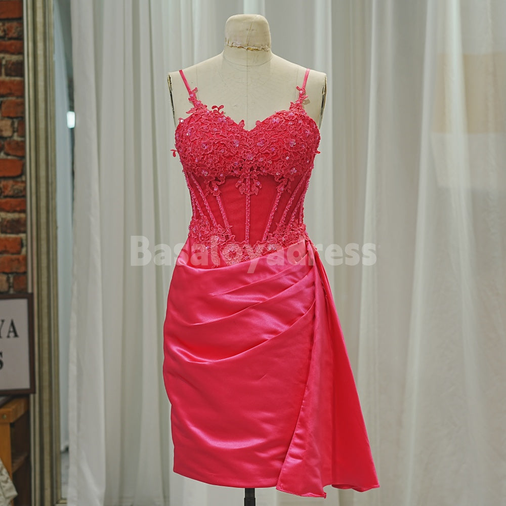 BSD00036 New 2026 Women Blue/Fuchsia Spaghetti Straps Corset Floral Tight Short Homecoming Dress