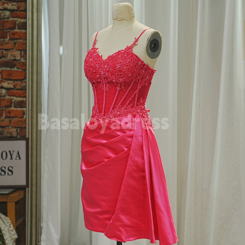 BSD00036 New 2026 Women Blue/Fuchsia Spaghetti Straps Corset Floral Tight Short Homecoming Dress