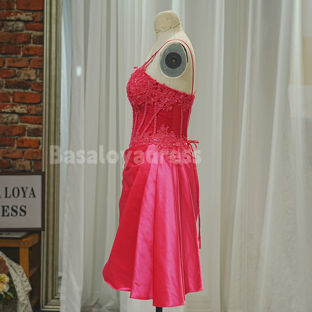 BSD00036 New 2026 Women Blue/Fuchsia Spaghetti Straps Corset Floral Tight Short Homecoming Dress