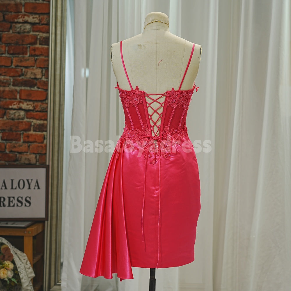 BSD00036 New 2026 Women Blue/Fuchsia Spaghetti Straps Corset Floral Tight Short Homecoming Dress