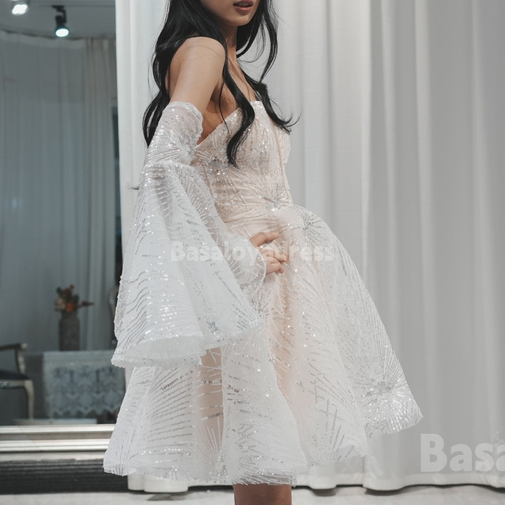 BSD00001 Teens Shiny White Mini Short A-Line V-Neck Above Knee Homecoming Dress With Detachable Sleeve Cocktail Dress