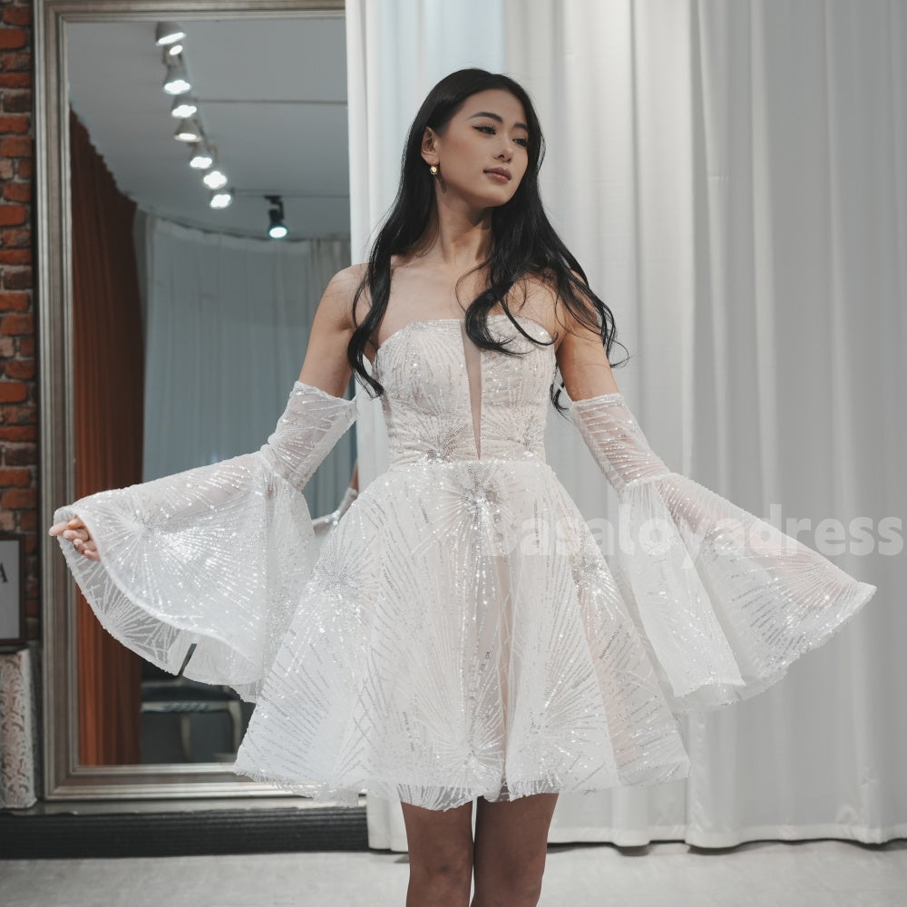 BSD00001 Teens Shiny White Mini Short A-Line V-Neck Above Knee Homecoming Dress With Detachable Sleeve Cocktail Dress