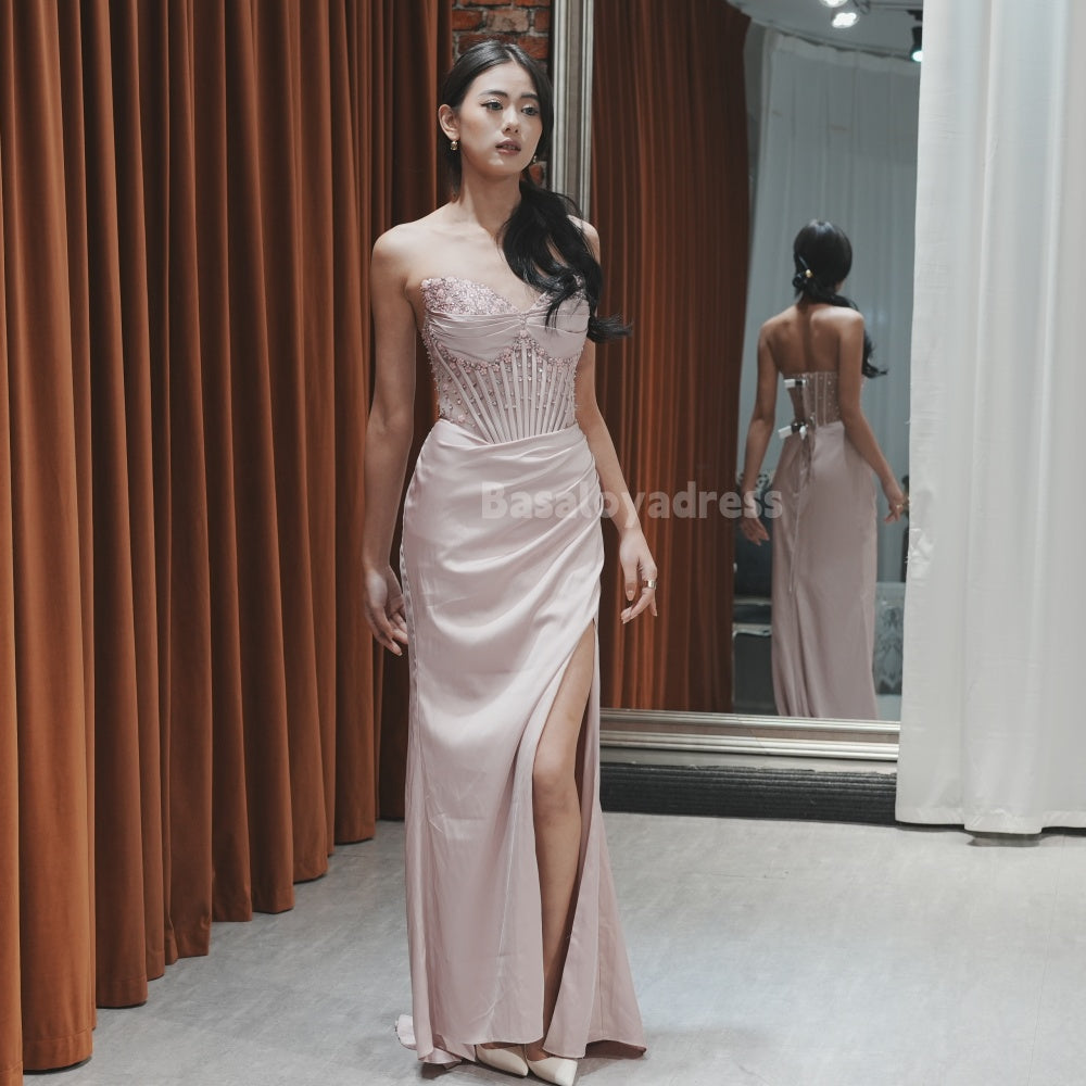 BDES00004 Sparkling Crystal Flower Embellished Satin Corset Slit Leg Gown Prom Dress