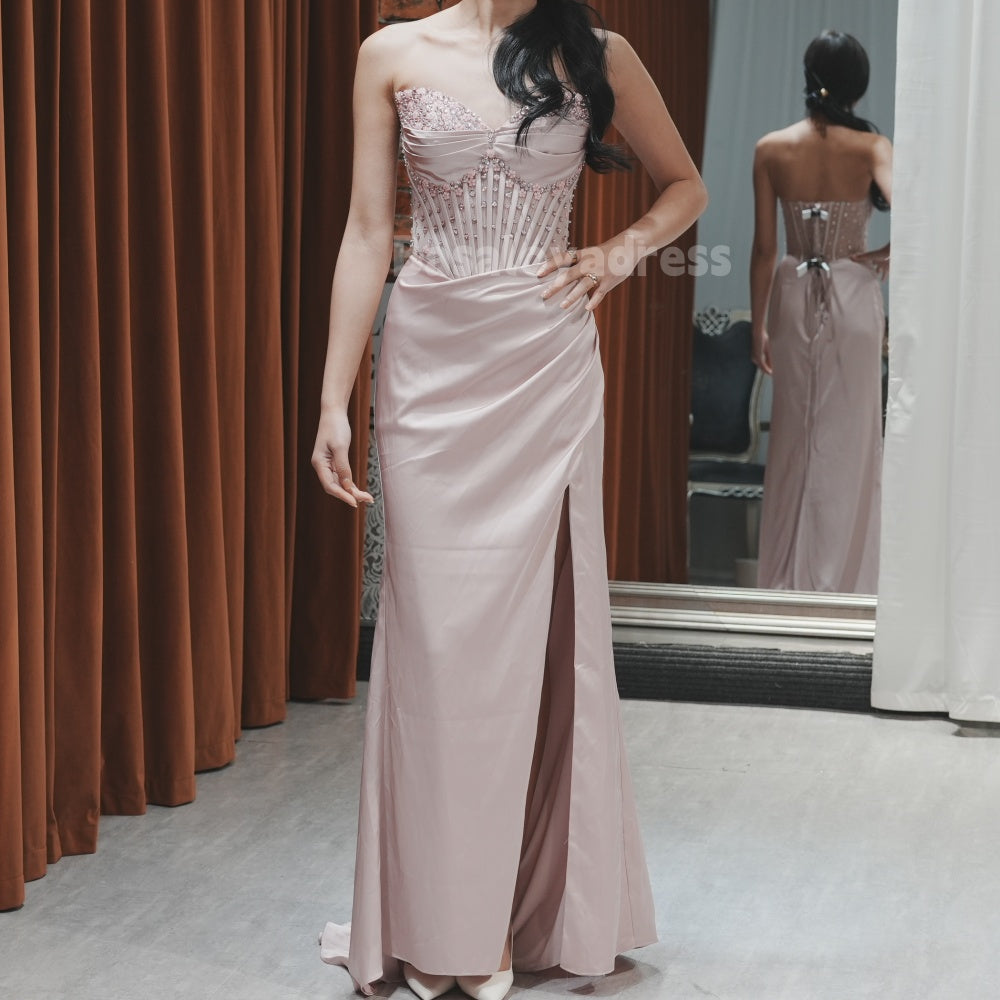 BDES00004 Sparkling Crystal Flower Embellished Satin Corset Slit Leg Gown Prom Dress