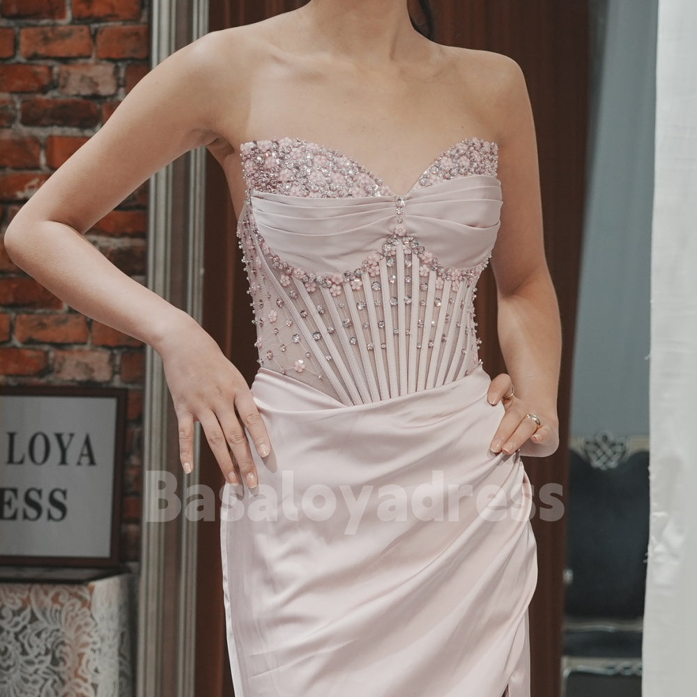 BDES00004 Sparkling Crystal Flower Embellished Satin Corset Slit Leg Gown Prom Dress