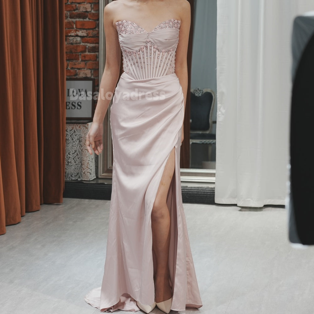 BDES00004 Sparkling Crystal Flower Embellished Satin Corset Slit Leg Gown Prom Dress