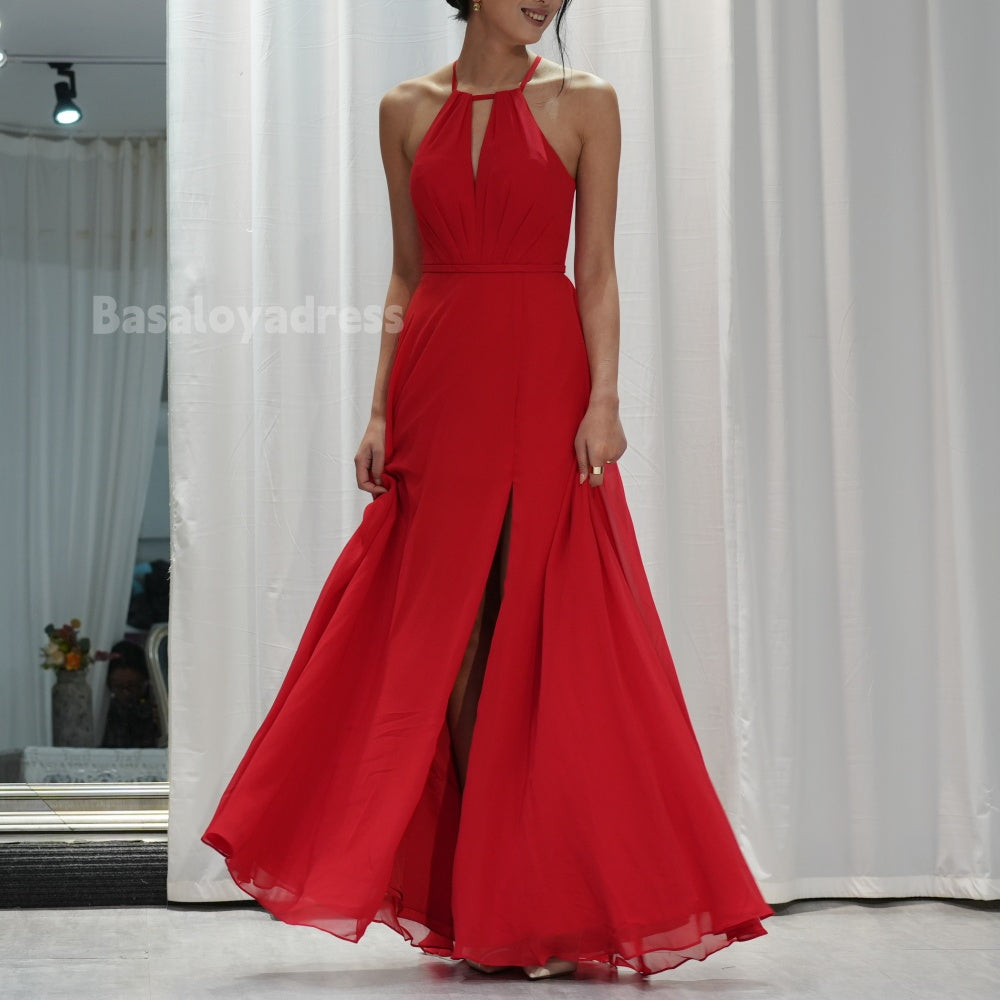 BDES00006 Chest Hollow Halter Backless and Tie-up Back High Slit Chiffon Bridesmaid Prom Dress