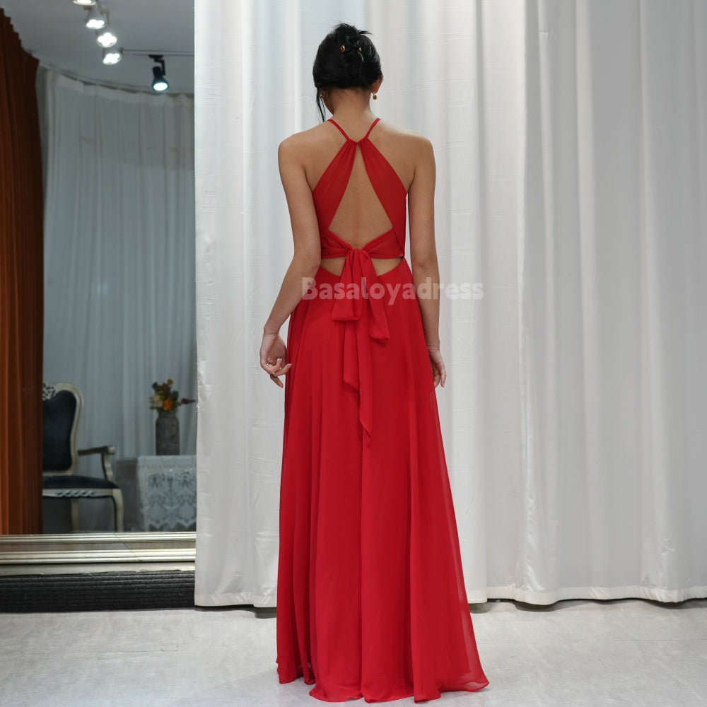 BDES00006 Chest Hollow Halter Backless and Tie-up Back High Slit Chiffon Bridesmaid Prom Dress