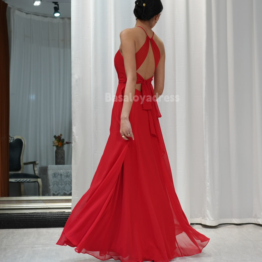 BDES00006 Chest Hollow Halter Backless and Tie-up Back High Slit Chiffon Bridesmaid Prom Dress