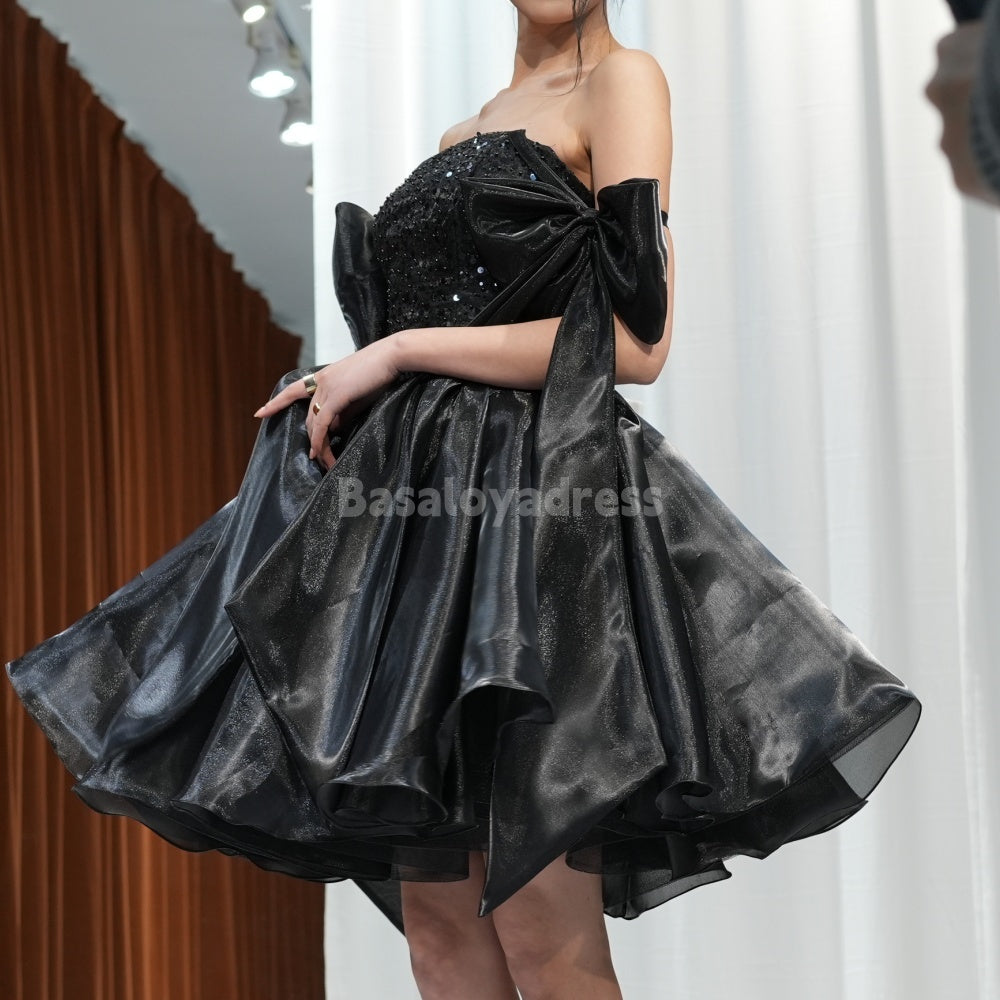 BSD00005 Cute and sexy off-the-shoulder mini A-line cocktail dress with cinched waist and soft satin