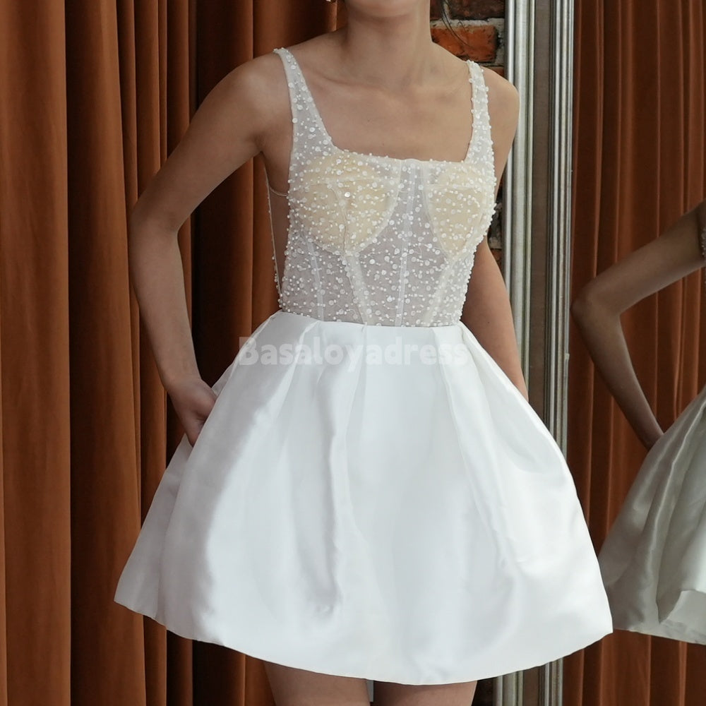 BSD00007 White Elegant Cute Short Beaded Sequined See-through Party Dress A-Line Mini Princess Wedding Dress