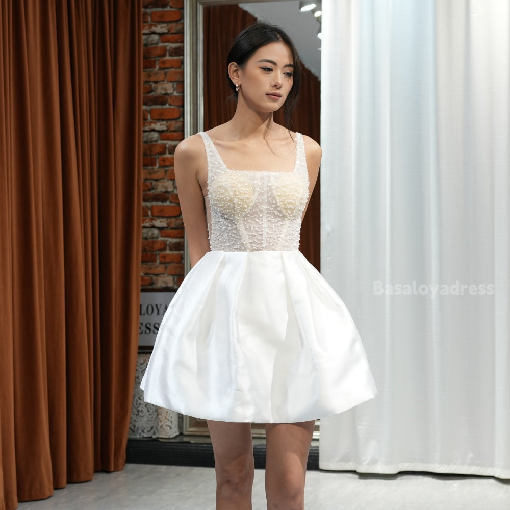 BSD00007 White Elegant Cute Short Beaded Sequined See-through Party Dress A-Line Mini Princess Wedding Dress