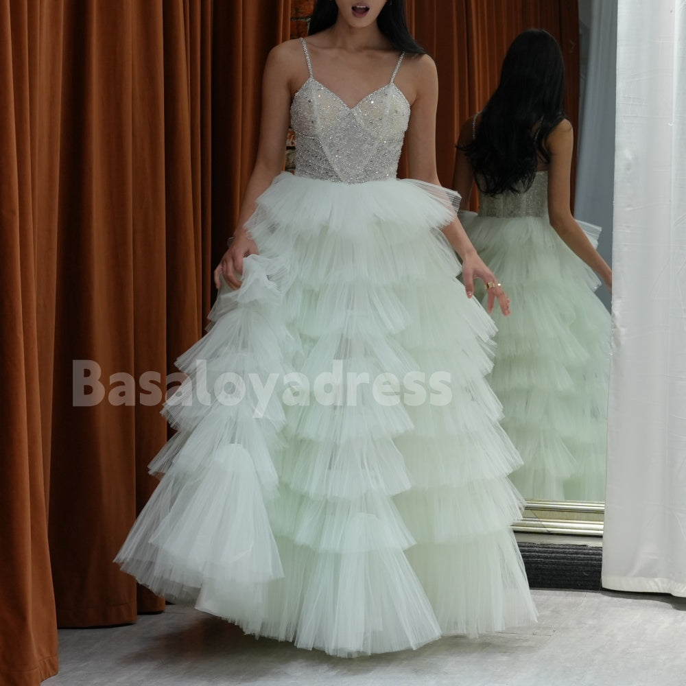 BDES00009 New 2025 Princess Tulle Green Long Prom Dresses With Beading Flower Cascading Ruffles