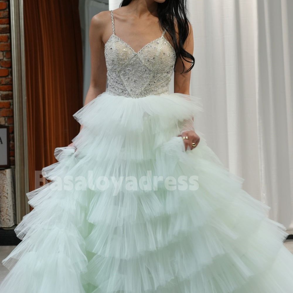 BDES00009 New 2025 Princess Tulle Green Long Prom Dresses With Beading Flower Cascading Ruffles