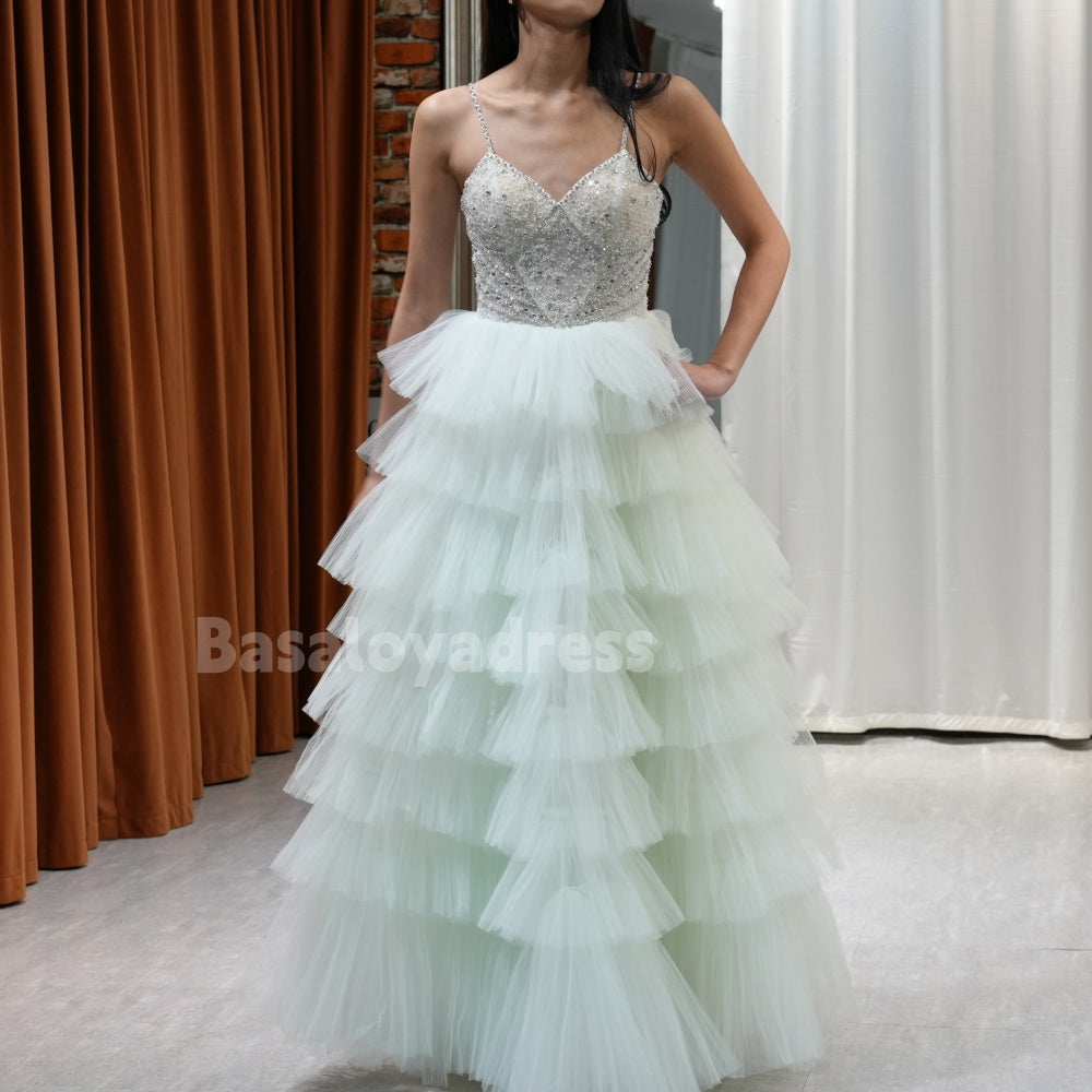 BDES00009 New 2025 Princess Tulle Green Long Prom Dresses With Beading Flower Cascading Ruffles