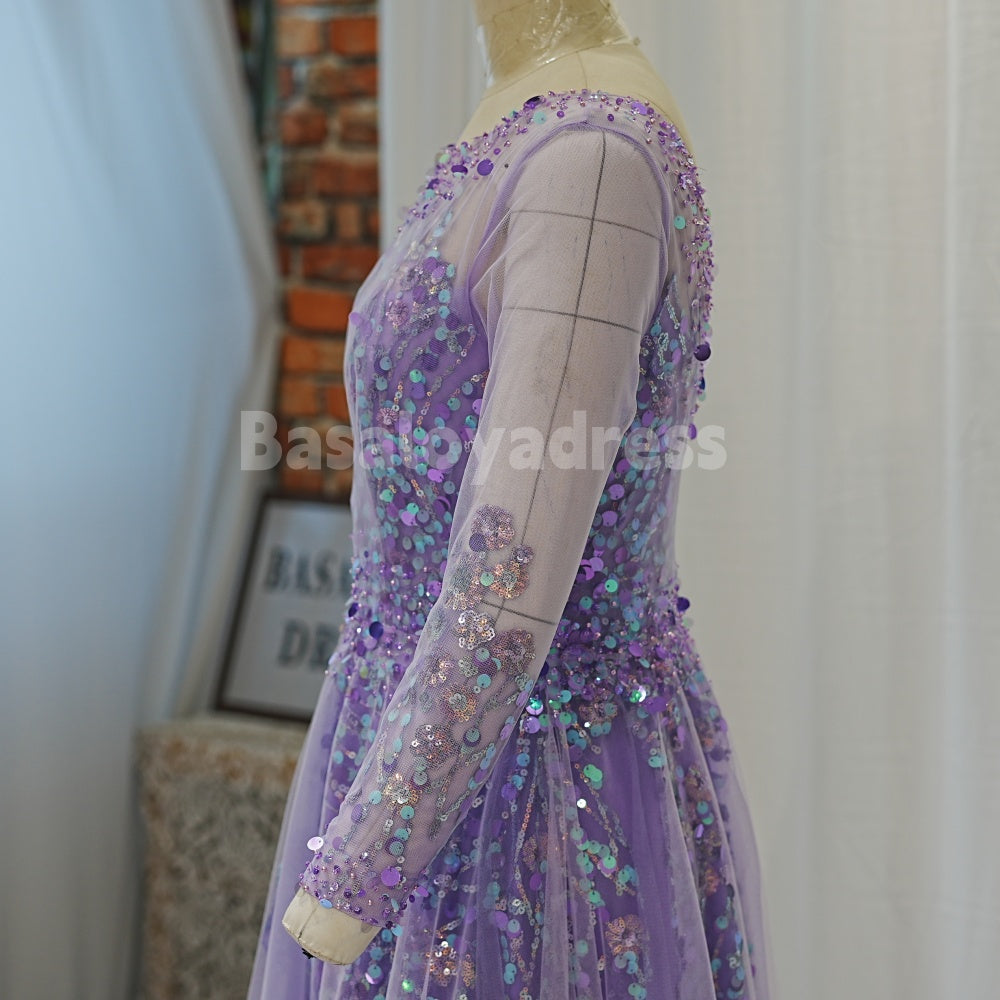 BDES00022 Lilac Evening Dresses Lace Appliques 3/4 Sleves Prom Gowns Graduation Dress Wedding Guest Dress