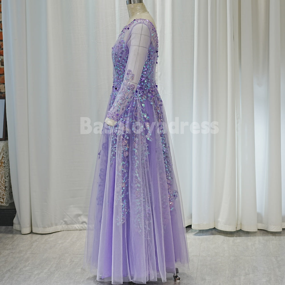 BDES00022 Lilac Evening Dresses Lace Appliques 3/4 Sleves Prom Gowns Graduation Dress Wedding Guest Dress