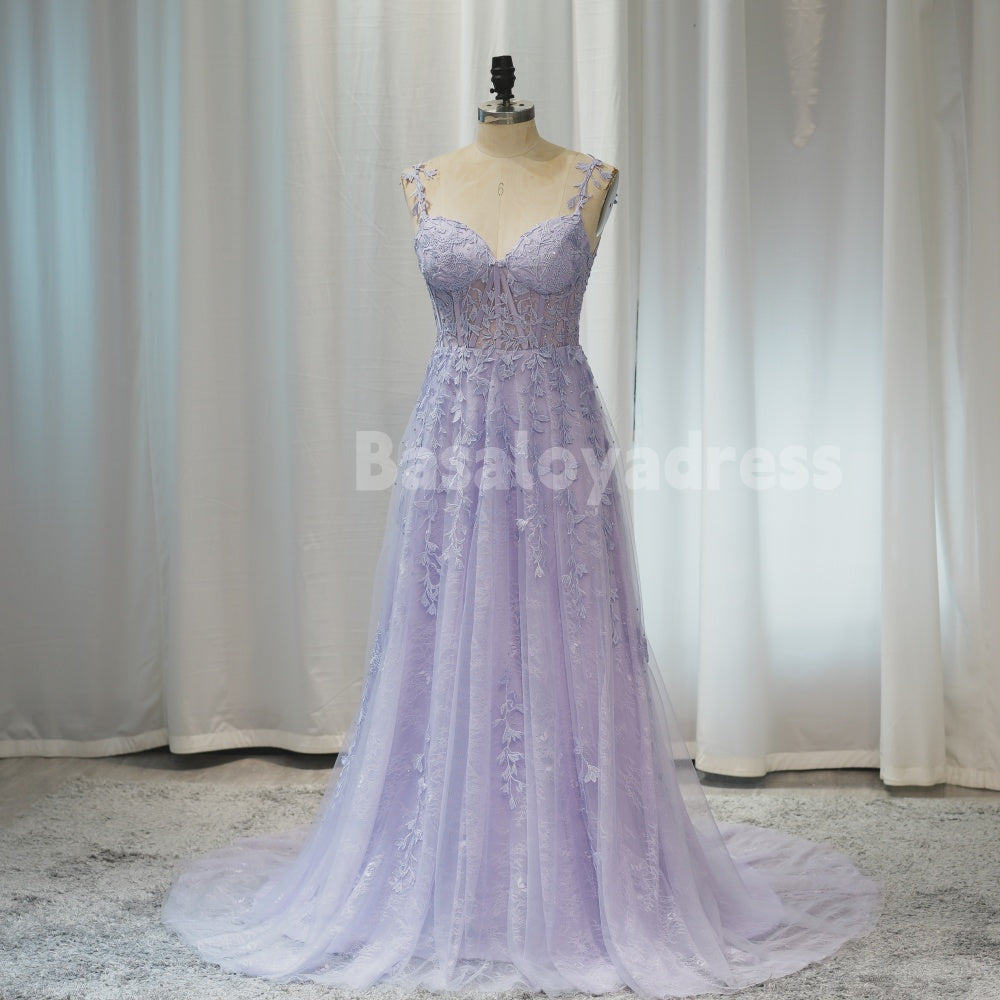 BDES00024 Light Blue/Light Purple Prom Dresses Lace Applique Evening Dresses Affordable Prom Dress