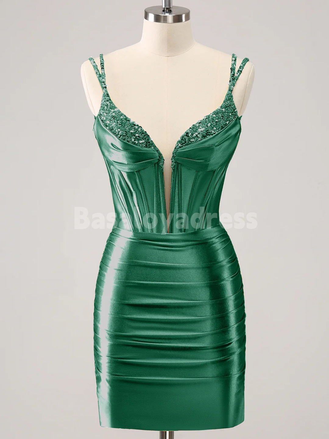 BSD00055 Golden Deep V-Neck Corset Bodycon Mini Dress with Spaghetti Straps with Sequins