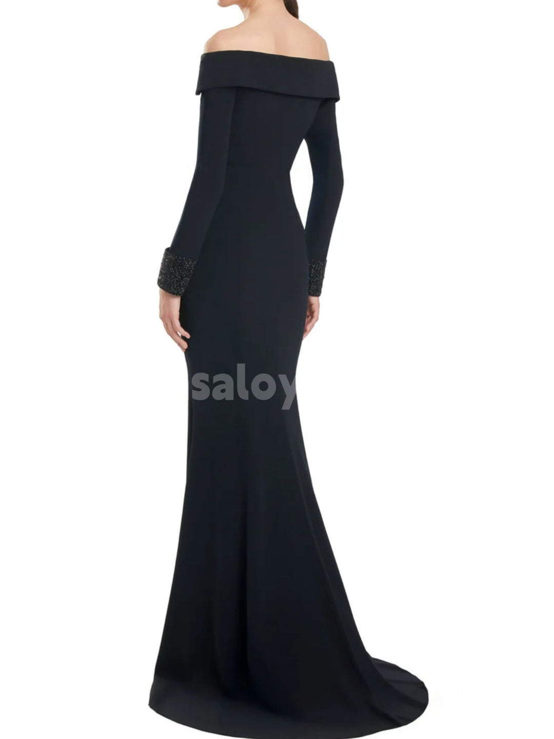 BDES00079 Off-the-shoulder Floor-length Evening Gown with Long Sleeves and Shimmering Check Chanel-style Fabric