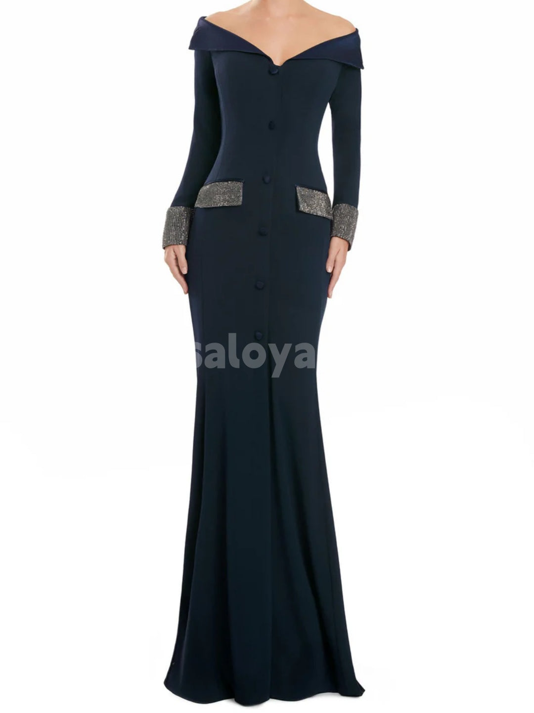 BDES00079 Off-the-shoulder Floor-length Evening Gown with Long Sleeves and Shimmering Check Chanel-style Fabric
