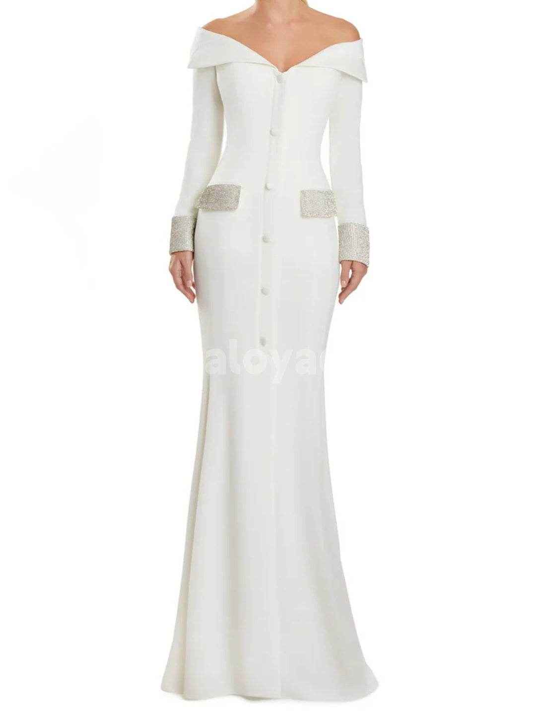 BDES00079 Off-the-shoulder Floor-length Evening Gown with Long Sleeves and Shimmering Check Chanel-style Fabric