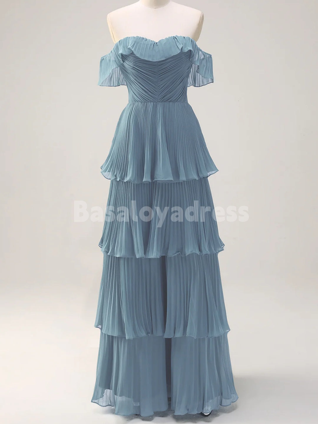 BDES00135 A Line Off the Shoulder Tiered Maxi Prom Dress Pleated Bridesmaid Dress