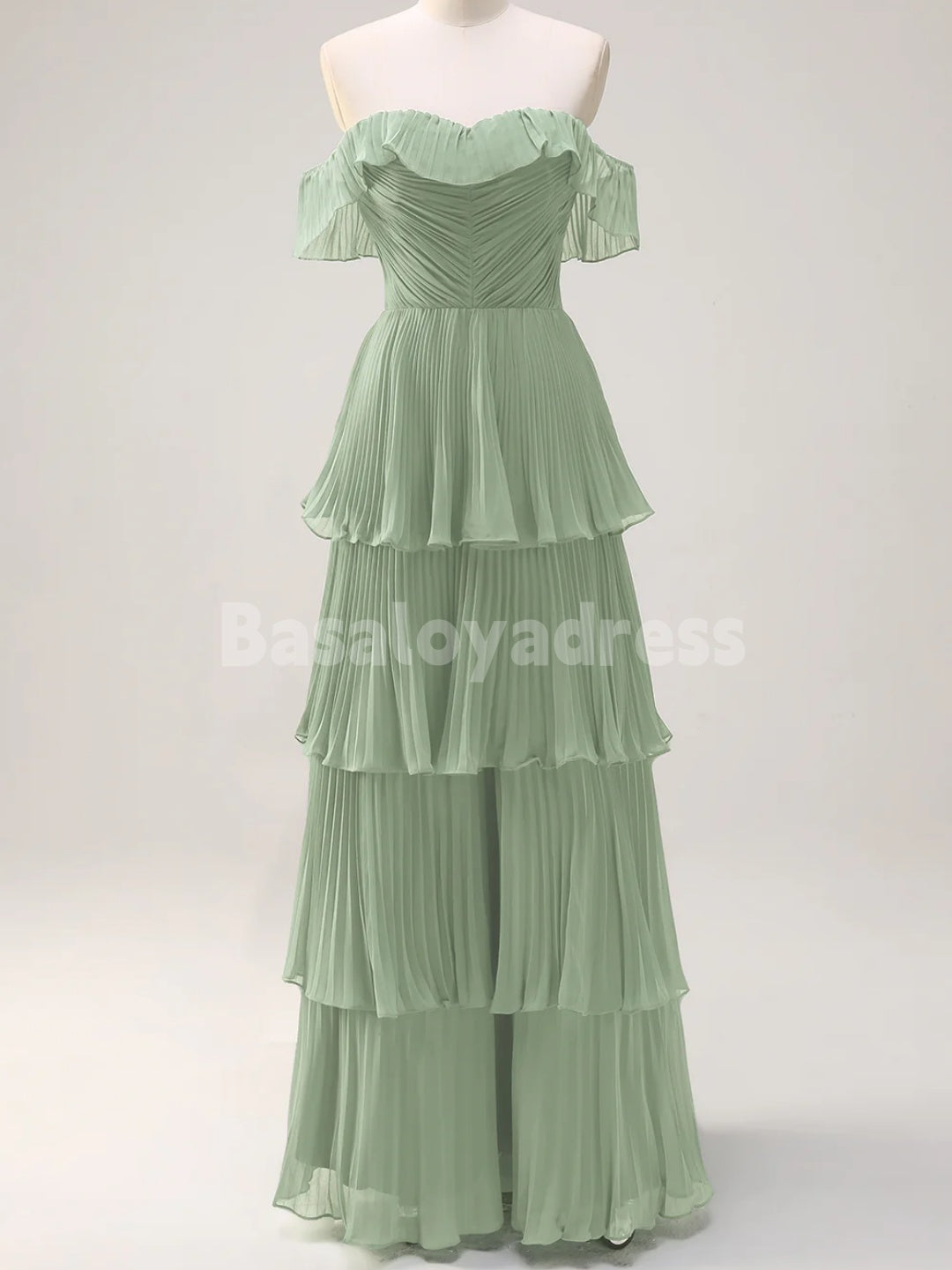 BDES00135 A Line Off the Shoulder Tiered Maxi Prom Dress Pleated Bridesmaid Dress