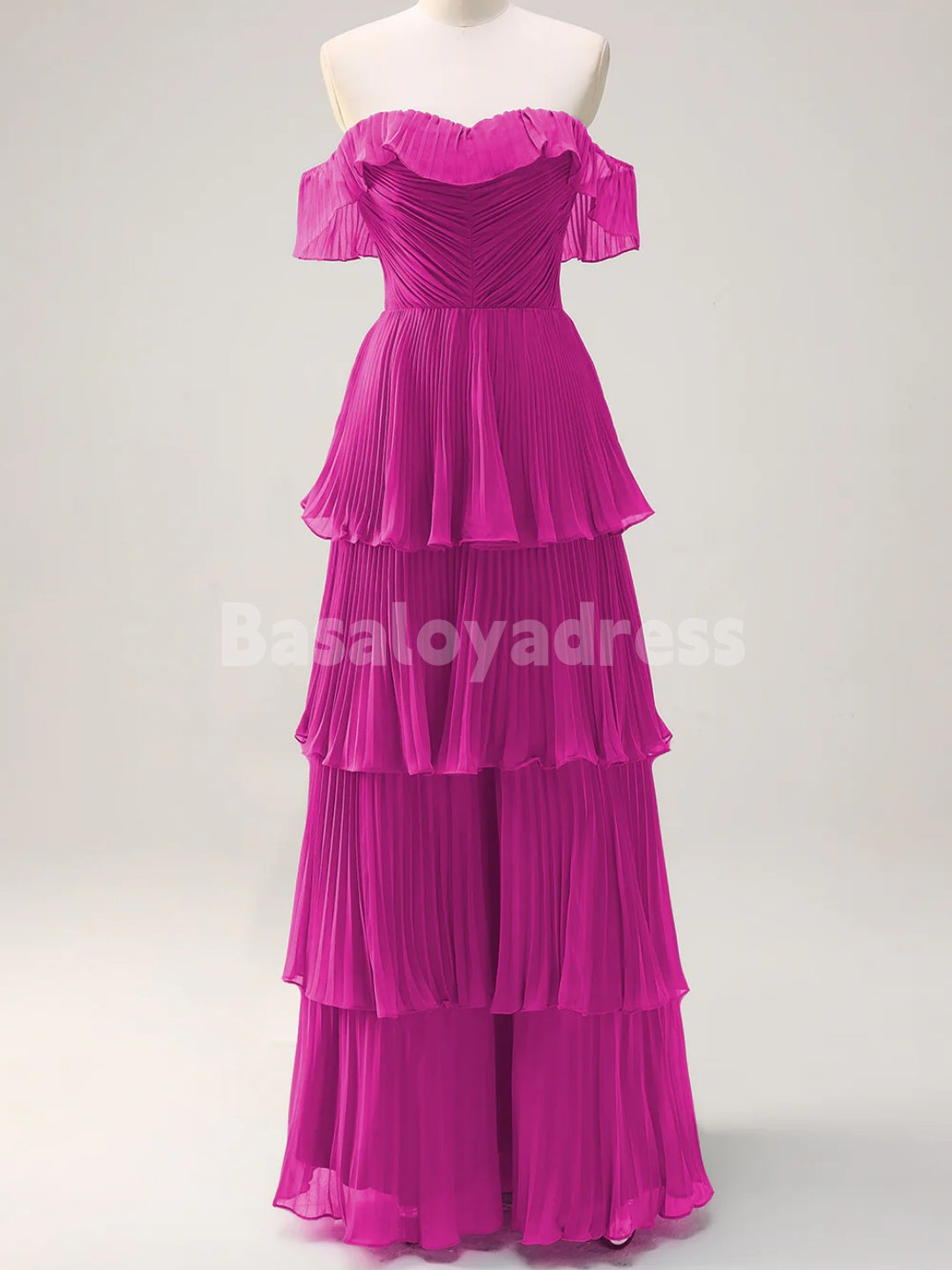 BDES00135 A Line Off the Shoulder Tiered Maxi Prom Dress Pleated Bridesmaid Dress