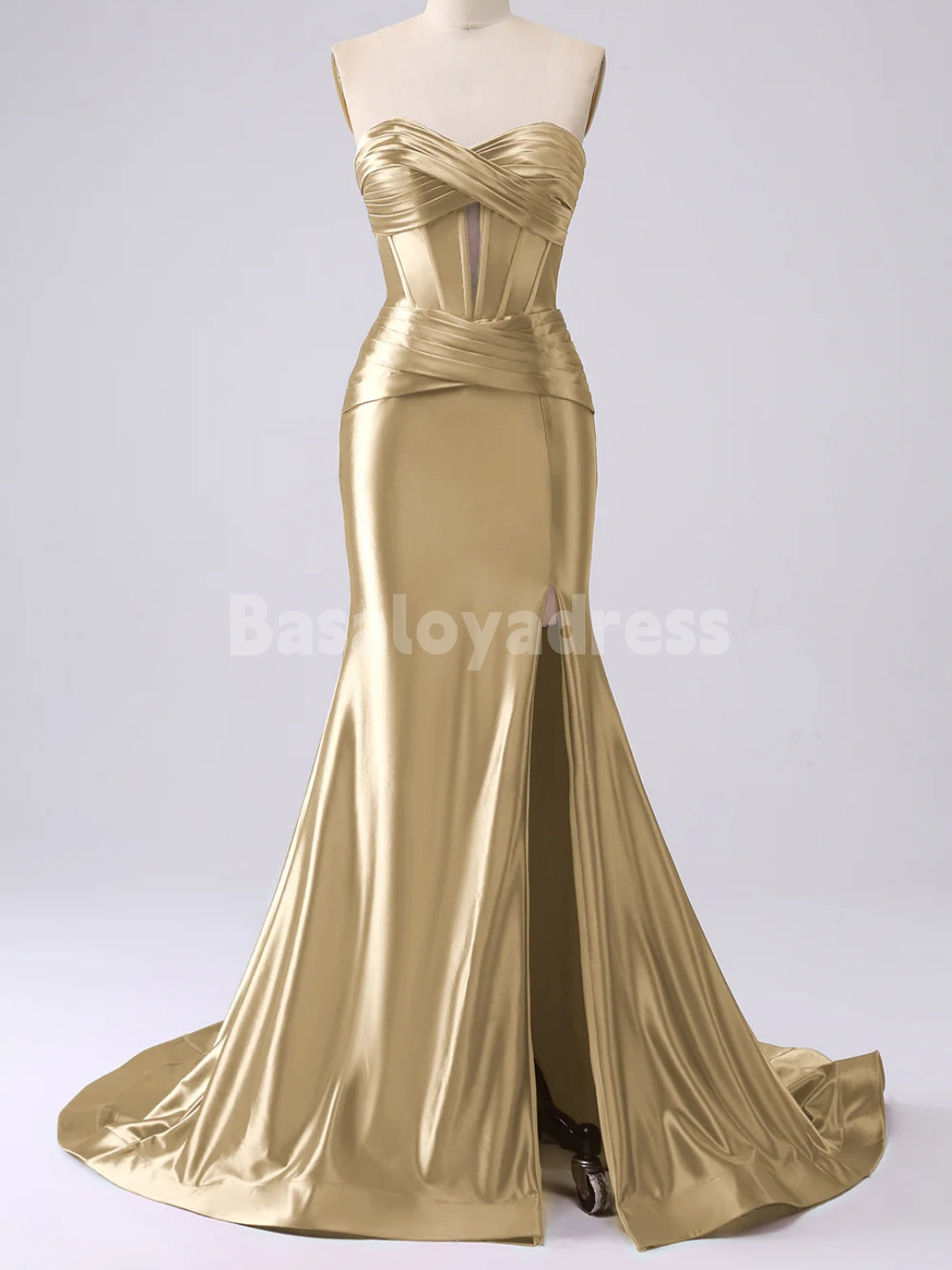 BDES00136 Strapless Cut Out Long Prom Dress Ruched Satin Formal Evening Gown with Slit