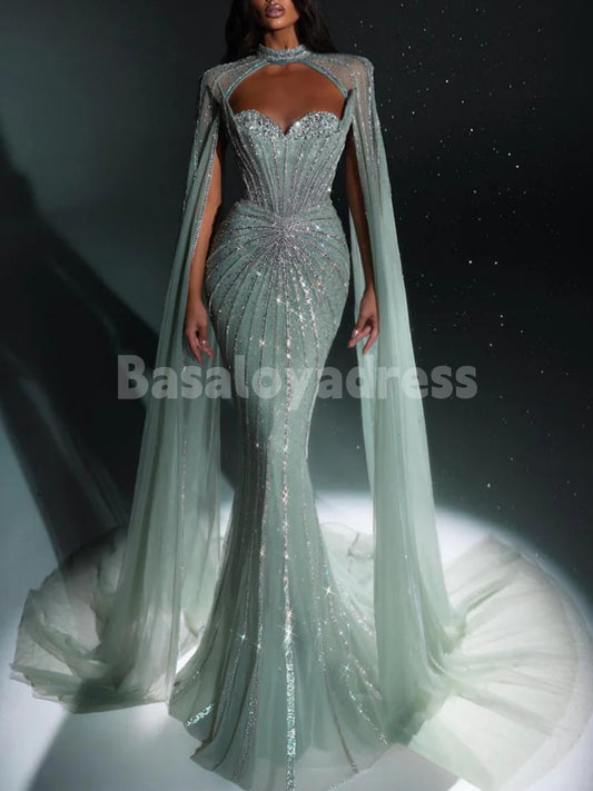 BDES00098 Affordable Luxury Sparkling Beaded Floor-length Mermaid Evening Dress with Cape Train