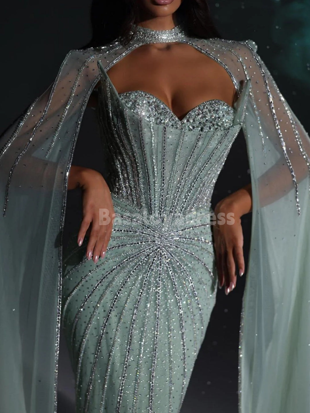 BDES00098 Affordable Luxury Sparkling Beaded Floor-length Mermaid Evening Dress with Cape Train