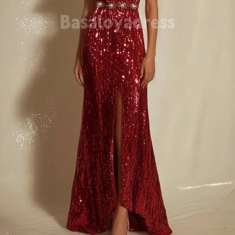 BDES00013 Holiday Party Red Mermaid Short Sleeves Bridesmaid Dresses V-Neck Sequins Maxi Prom Dress with Slit