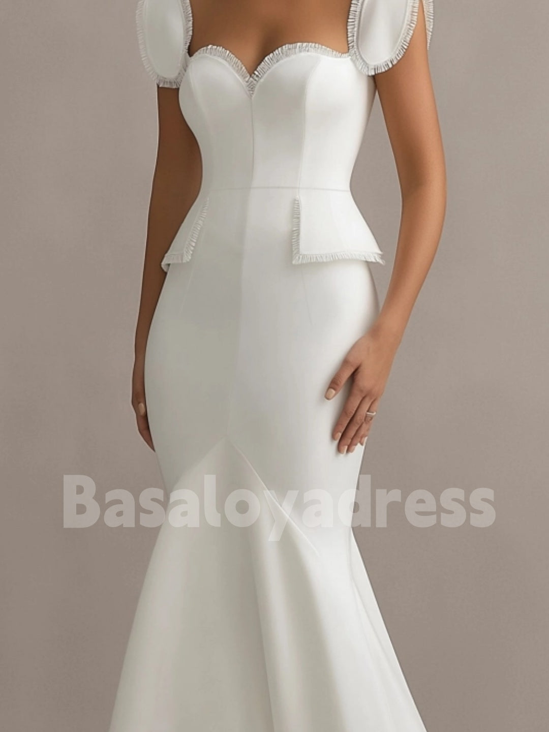 BDES00100 White Sweetheart Neck Maxi Mermaid Evening Dress Wide Straps Tassel Edge Formal Party Dress
