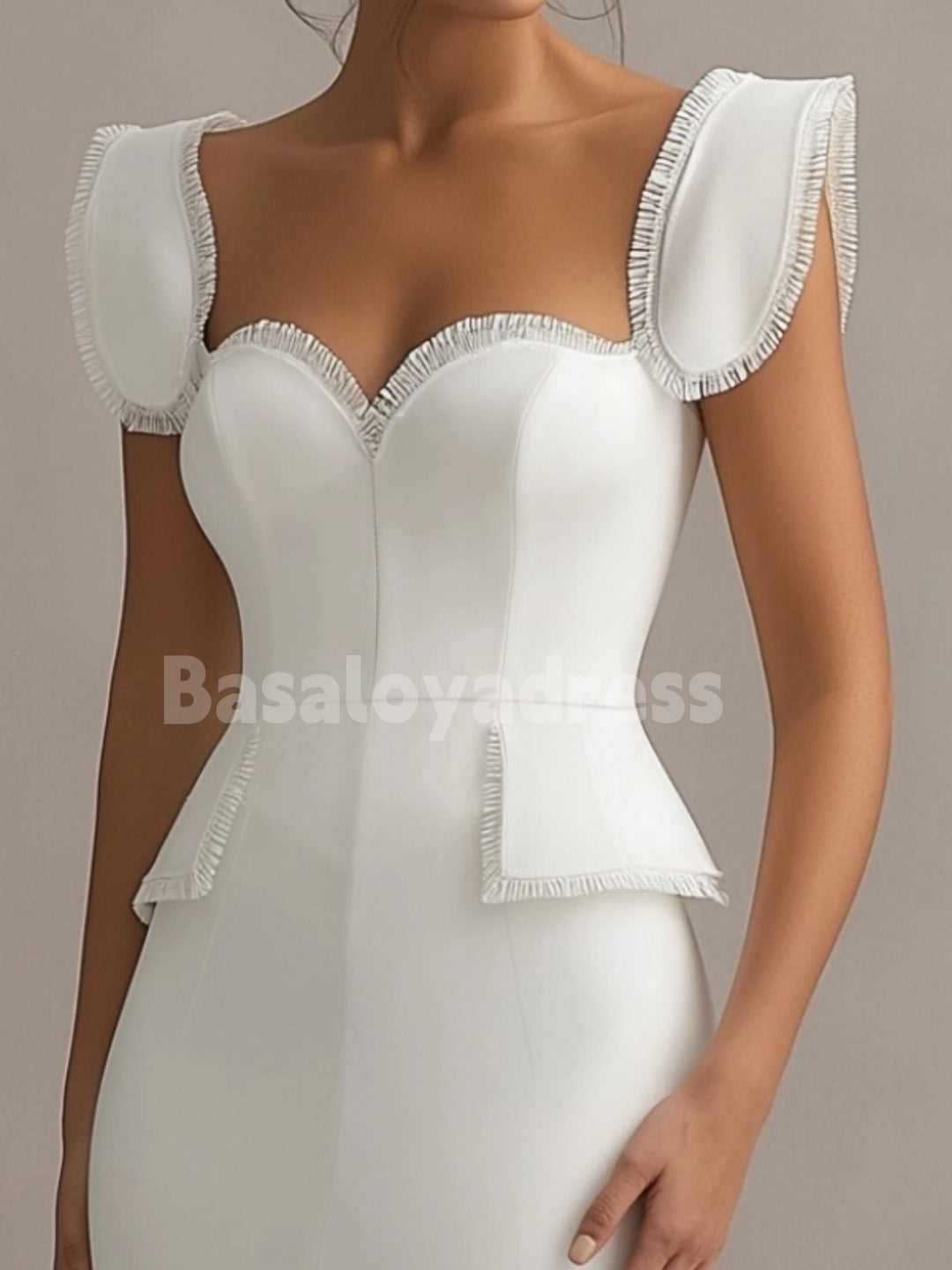 BDES00100 White Sweetheart Neck Maxi Mermaid Evening Dress Wide Straps Tassel Edge Formal Party Dress