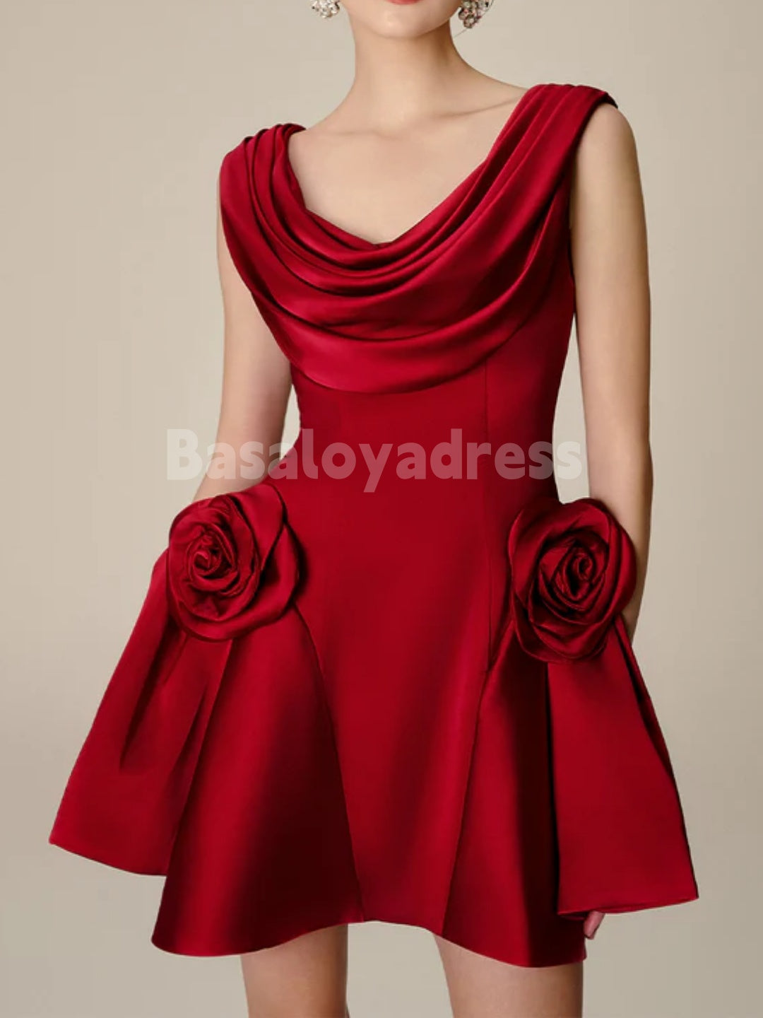 BSD00063 Solid Spliced 3D Flowers Mini Dresses Pleated Scoop Neck Sleeveless High Waist Temperament Cocktail Dress