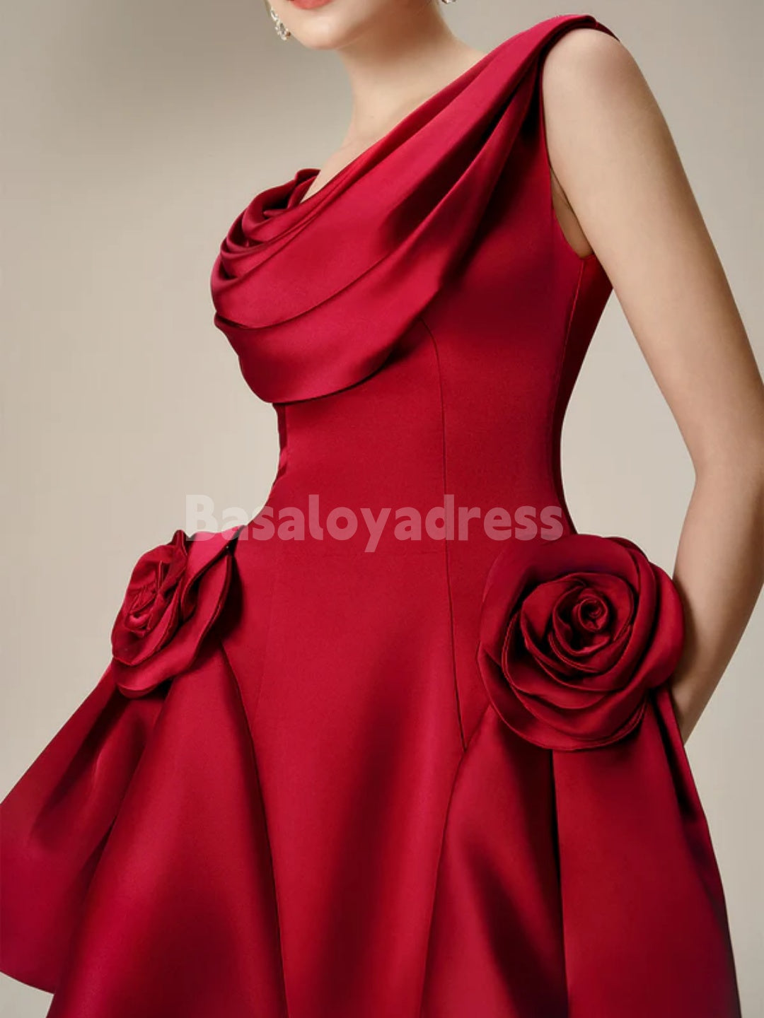 BSD00063 Solid Spliced 3D Flowers Mini Dresses Pleated Scoop Neck Sleeveless High Waist Temperament Cocktail Dress