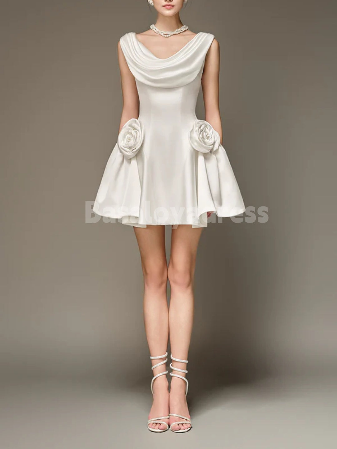BSD00064 Solid Spliced 3D Flowers Mini Dresses Pleated Scoop Neck Sleeveless High Waist Temperament Cocktail Dress with Removable Large Bow