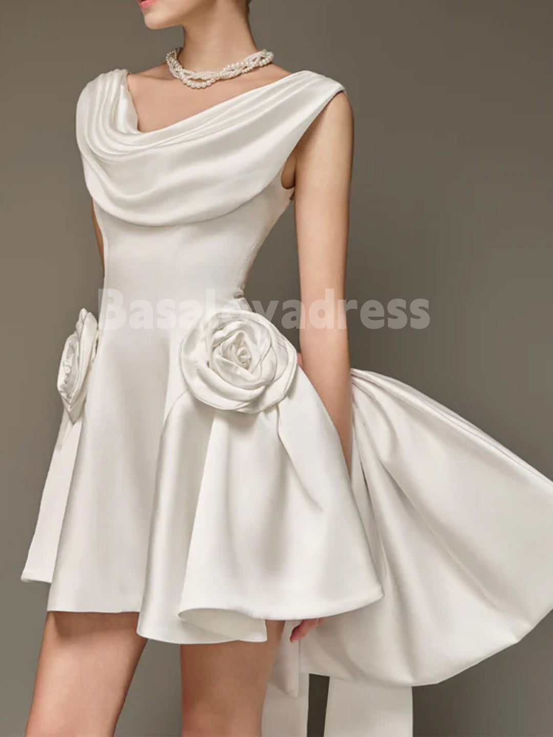 BSD00064 Solid Spliced 3D Flowers Mini Dresses Pleated Scoop Neck Sleeveless High Waist Temperament Cocktail Dress with Removable Large Bow