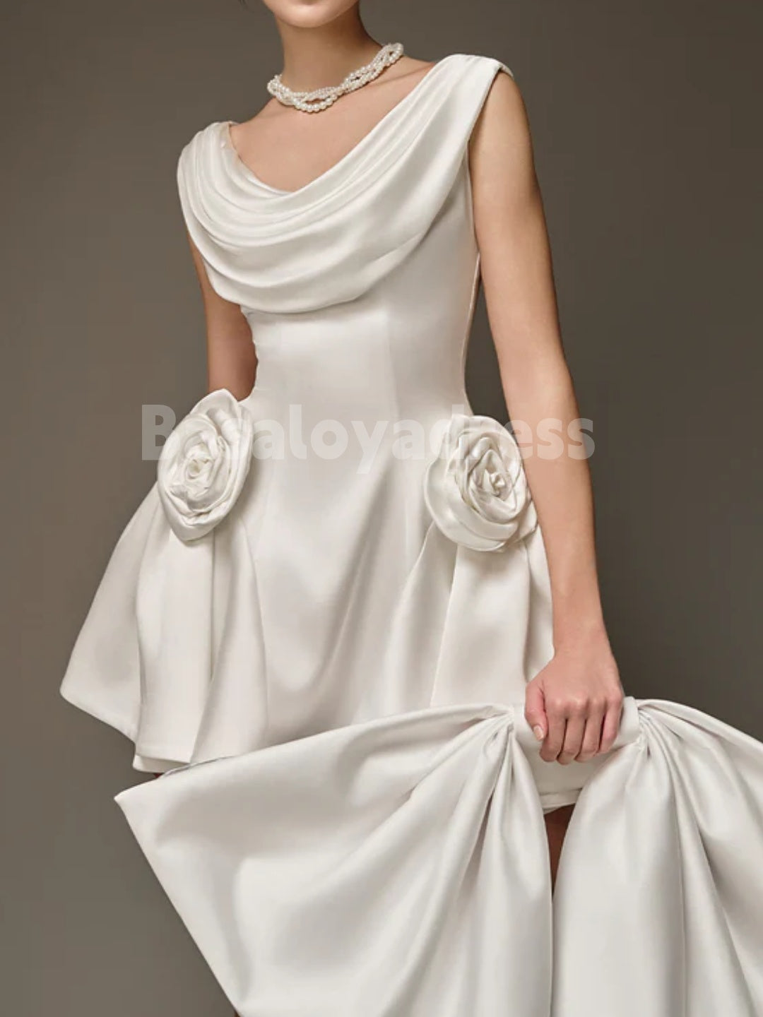 BSD00064 Solid Spliced 3D Flowers Mini Dresses Pleated Scoop Neck Sleeveless High Waist Temperament Cocktail Dress with Removable Large Bow