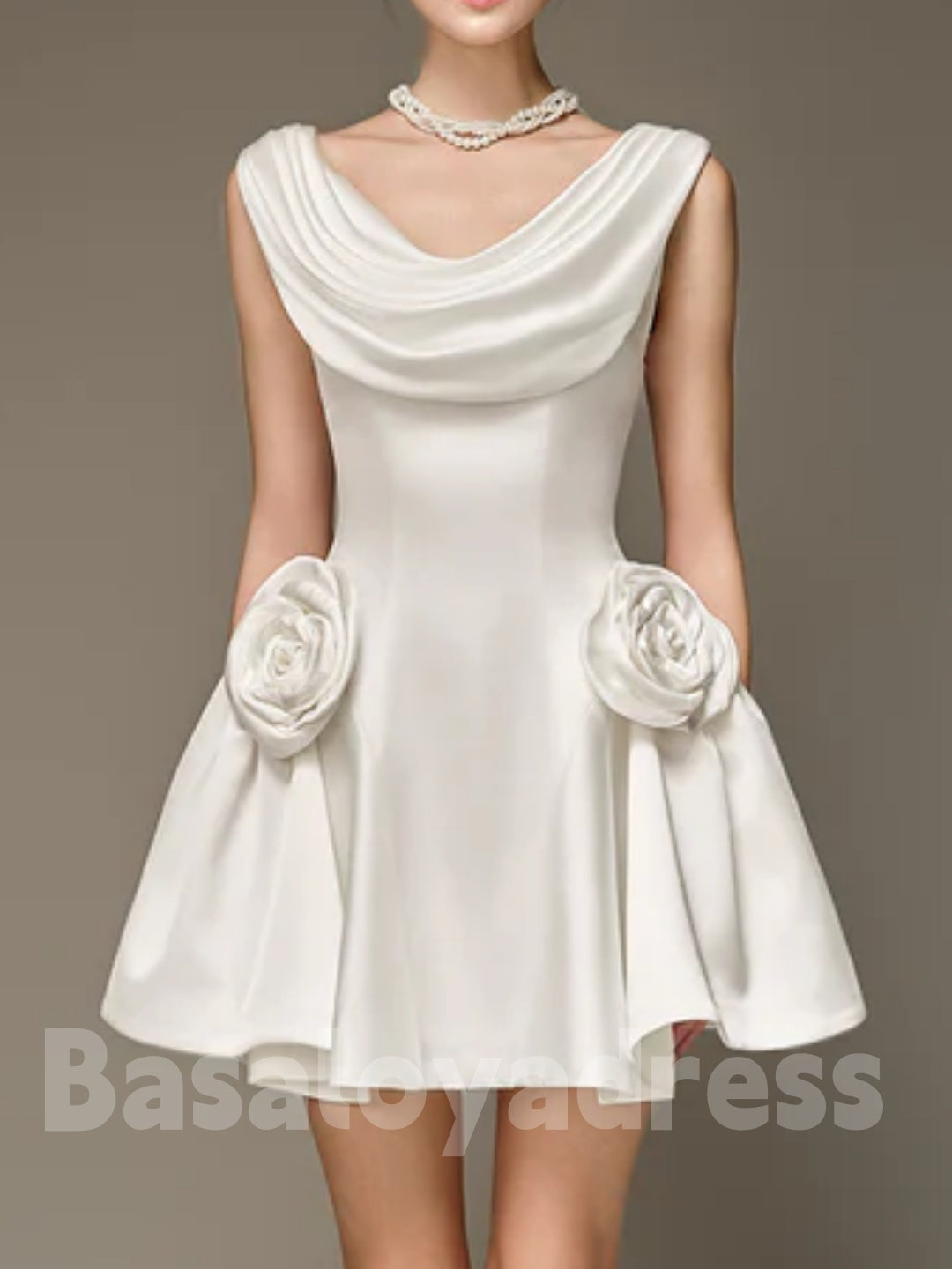 BSD00063 Solid Spliced 3D Flowers Mini Dresses Pleated Scoop Neck Sleeveless High Waist Temperament Cocktail Dress