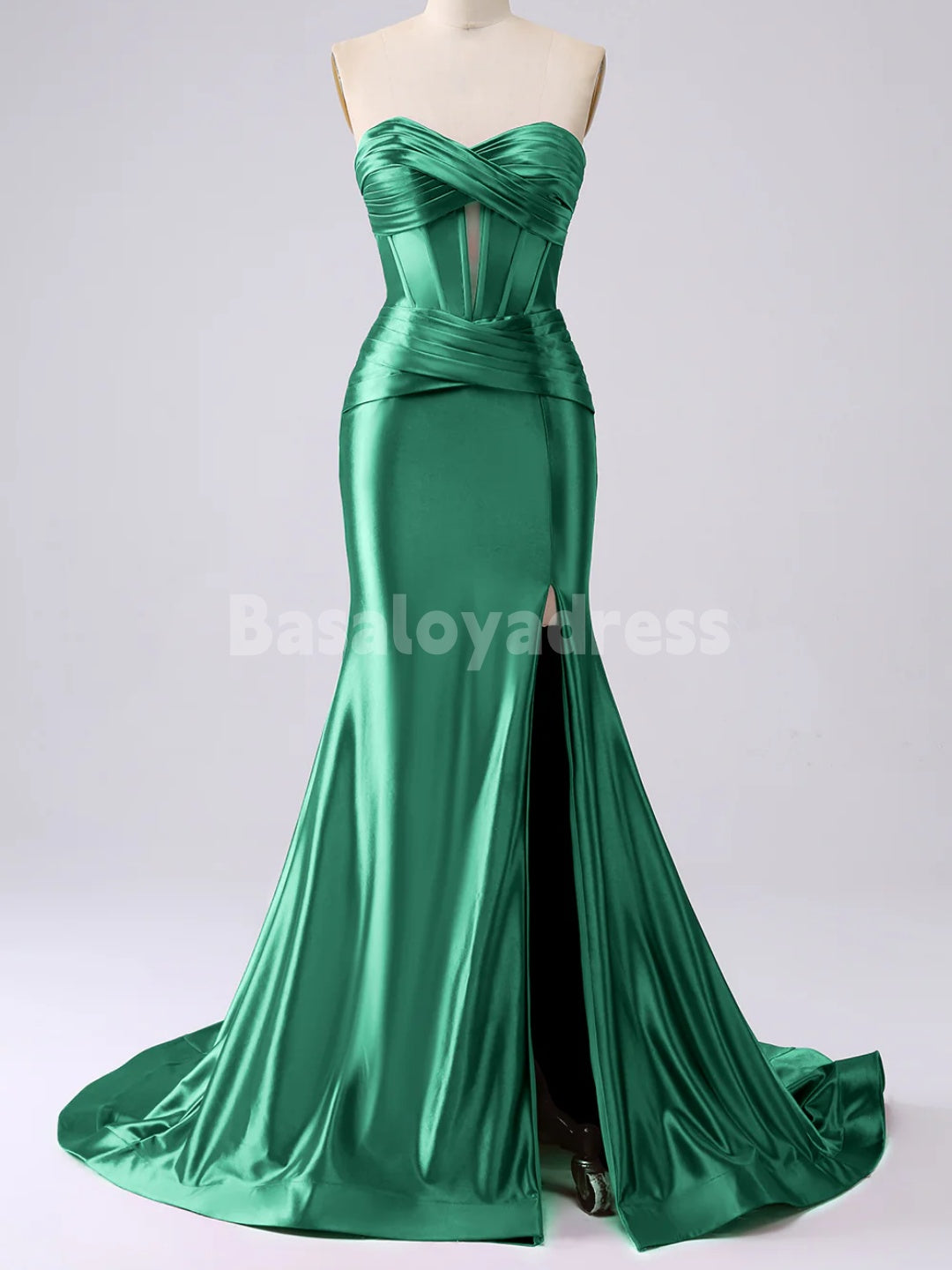 BDES00136 Strapless Cut Out Long Prom Dress Ruched Satin Formal Evening Gown with Slit