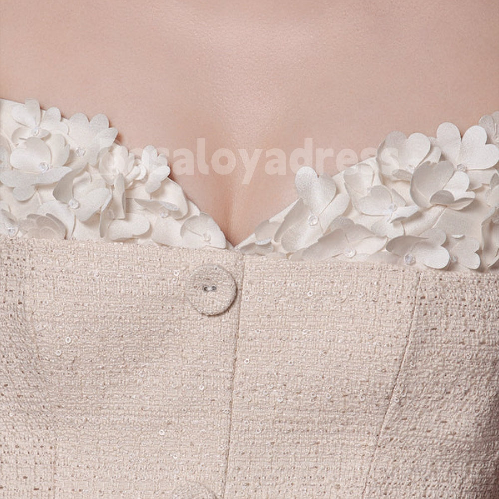 BDES00117 Sweetheart Neckline Spaghetti Straps 3D Flowers Midi Dress with Decorative Buttons