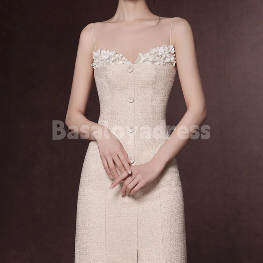 BDES00117 Sweetheart Neckline Spaghetti Straps 3D Flowers Midi Dress with Decorative Buttons