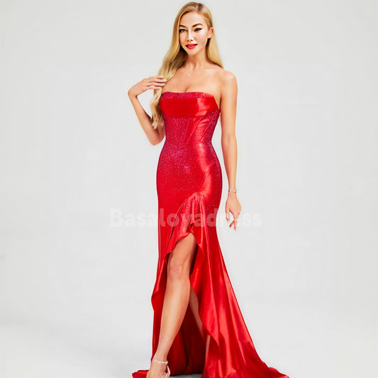 BDES00044 Trumpet/Mermaid High Slit Ruffle Train Prom Dresses With Pleated Rhinestone