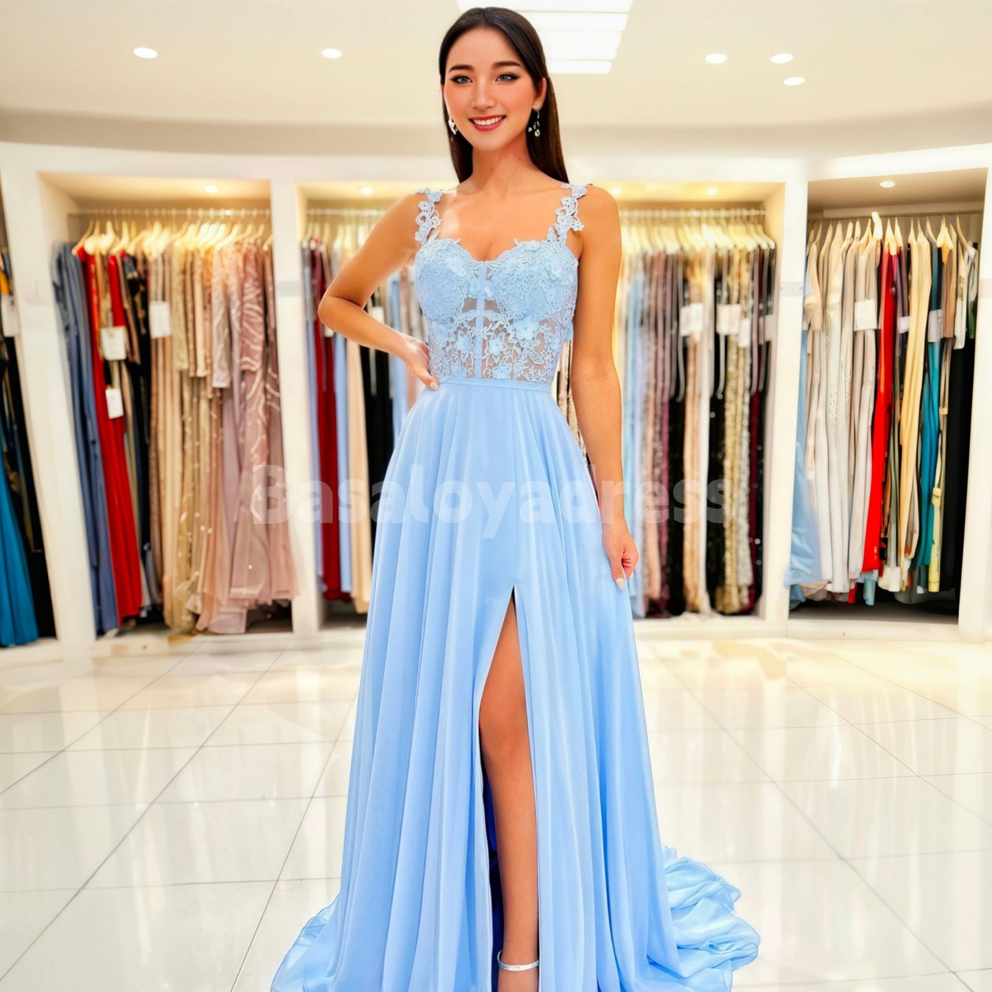 BDES00046 A-Line Sweetheart Sleeveless Floor-Length Chiffon Lace Applique Prom Dress with Leg Slits