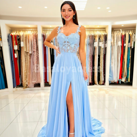 BDES00046 A-Line Sweetheart Sleeveless Floor-Length Chiffon Lace Applique Prom Dress with Leg Slits
