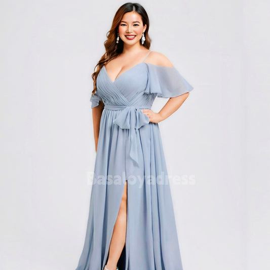 BDES00048 Plus Size A-line Off Shoulder Backless Floor-Length Chiffon Bridesmaid Dress With Ruffle